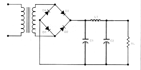 Схема П-образного фильтра, подсоединенного к мостовому выпрямителю