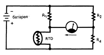 Мостовая схема с термометром сопротивления и измерительным прибором